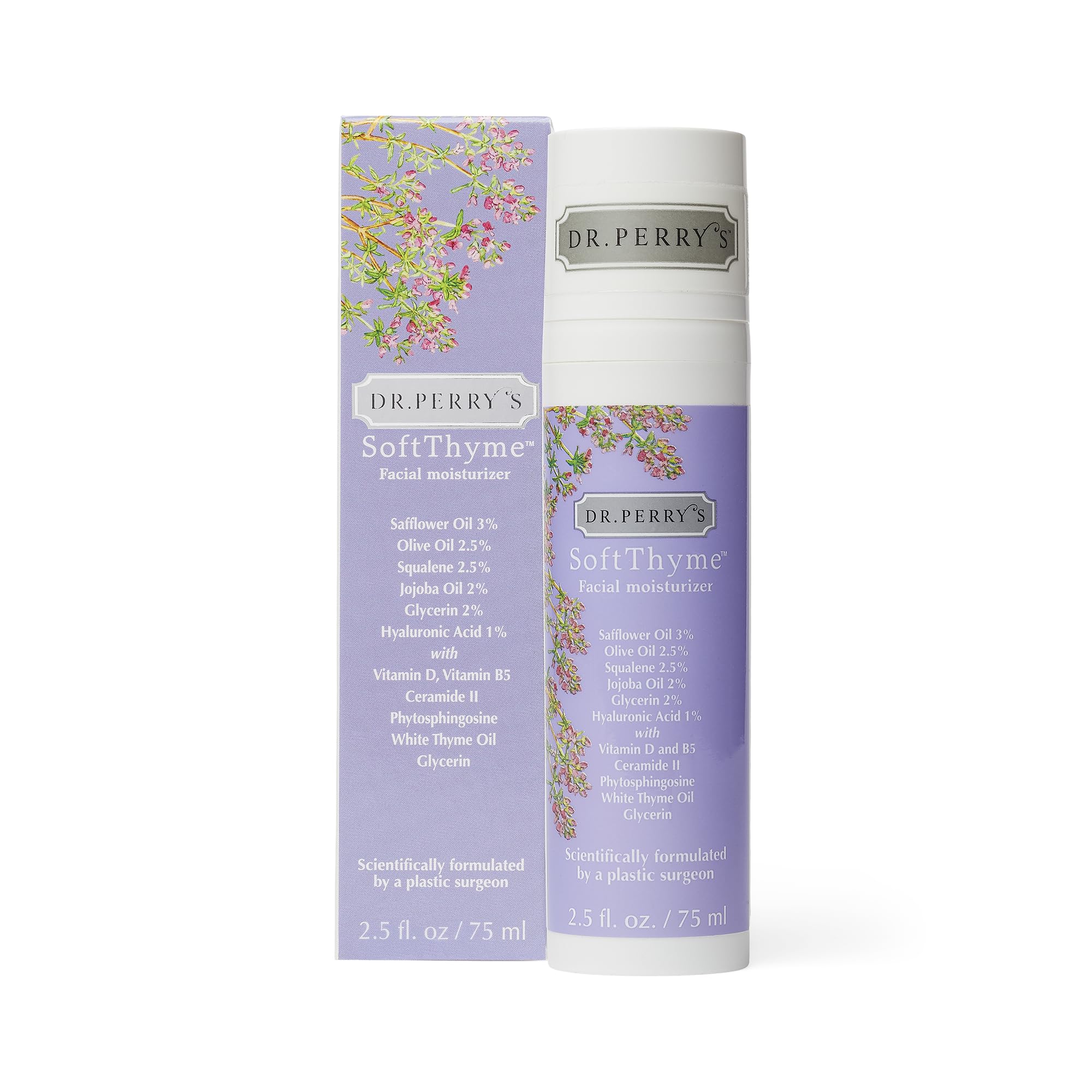 Dr. Perry's SoftThyme bottle with pump for daily hydration.