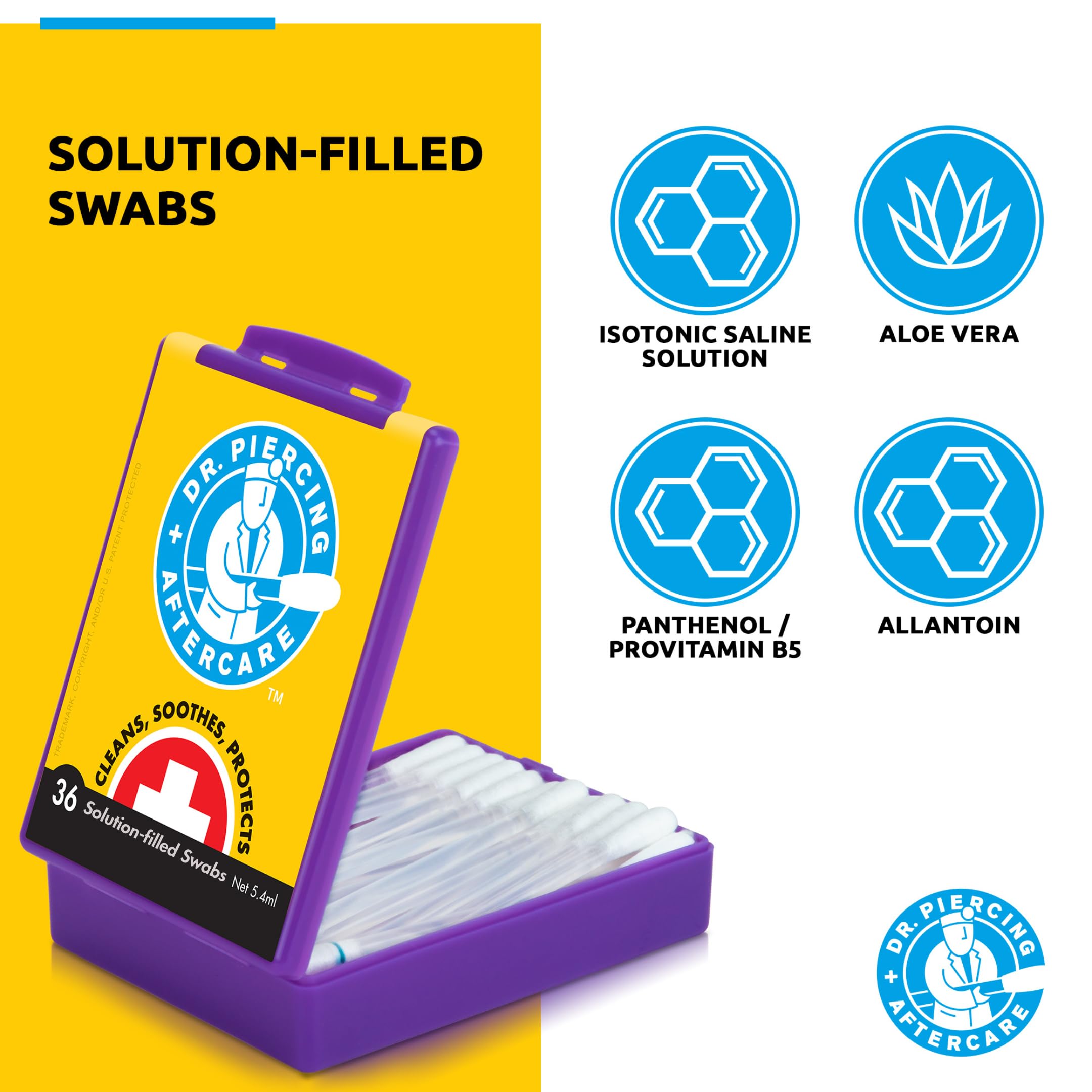 DR. PIERCING AFTERCARE swabs blue-line indicator shows quick use