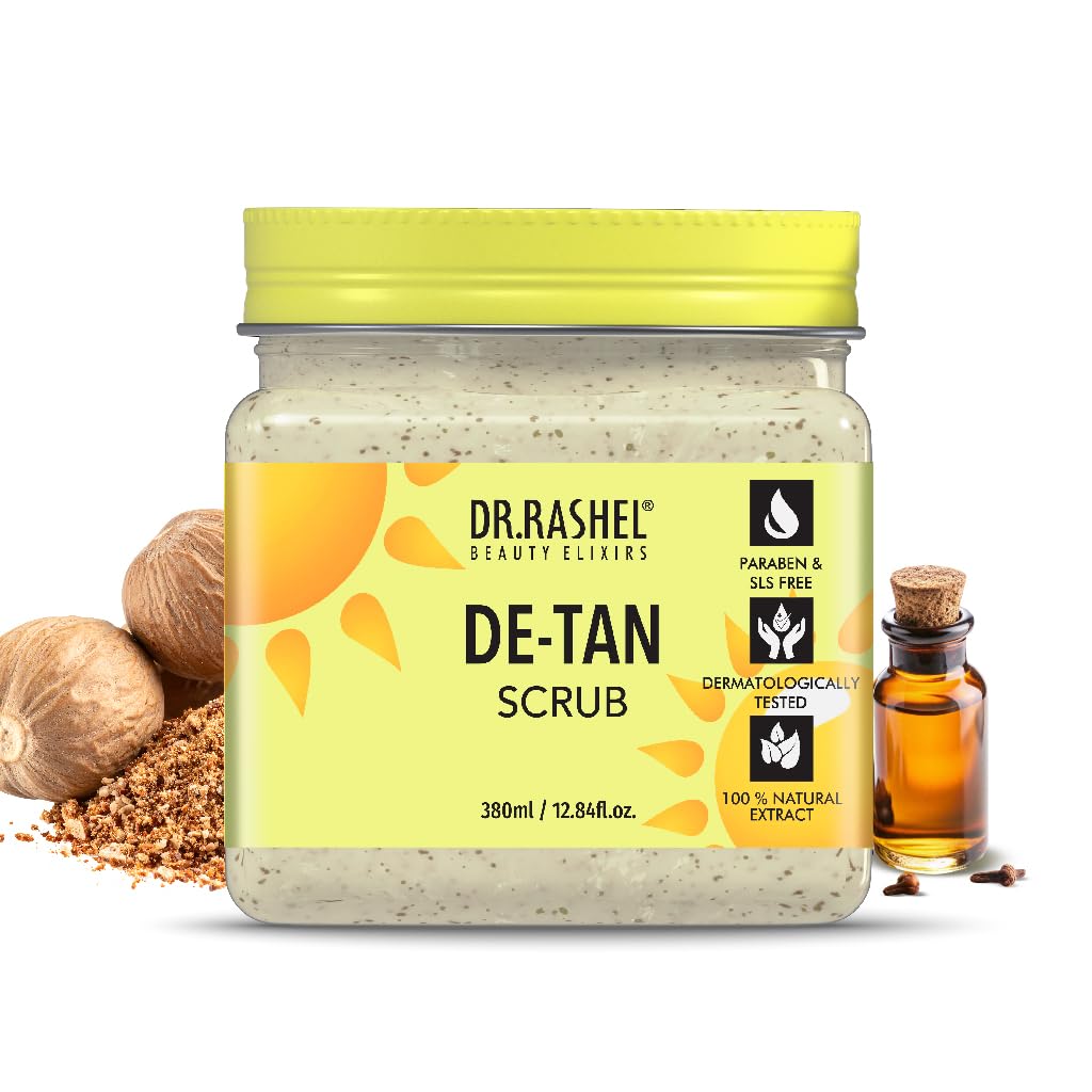 DR.RASHEL De-Tan Scrub bottle on counter for deep cleansing.