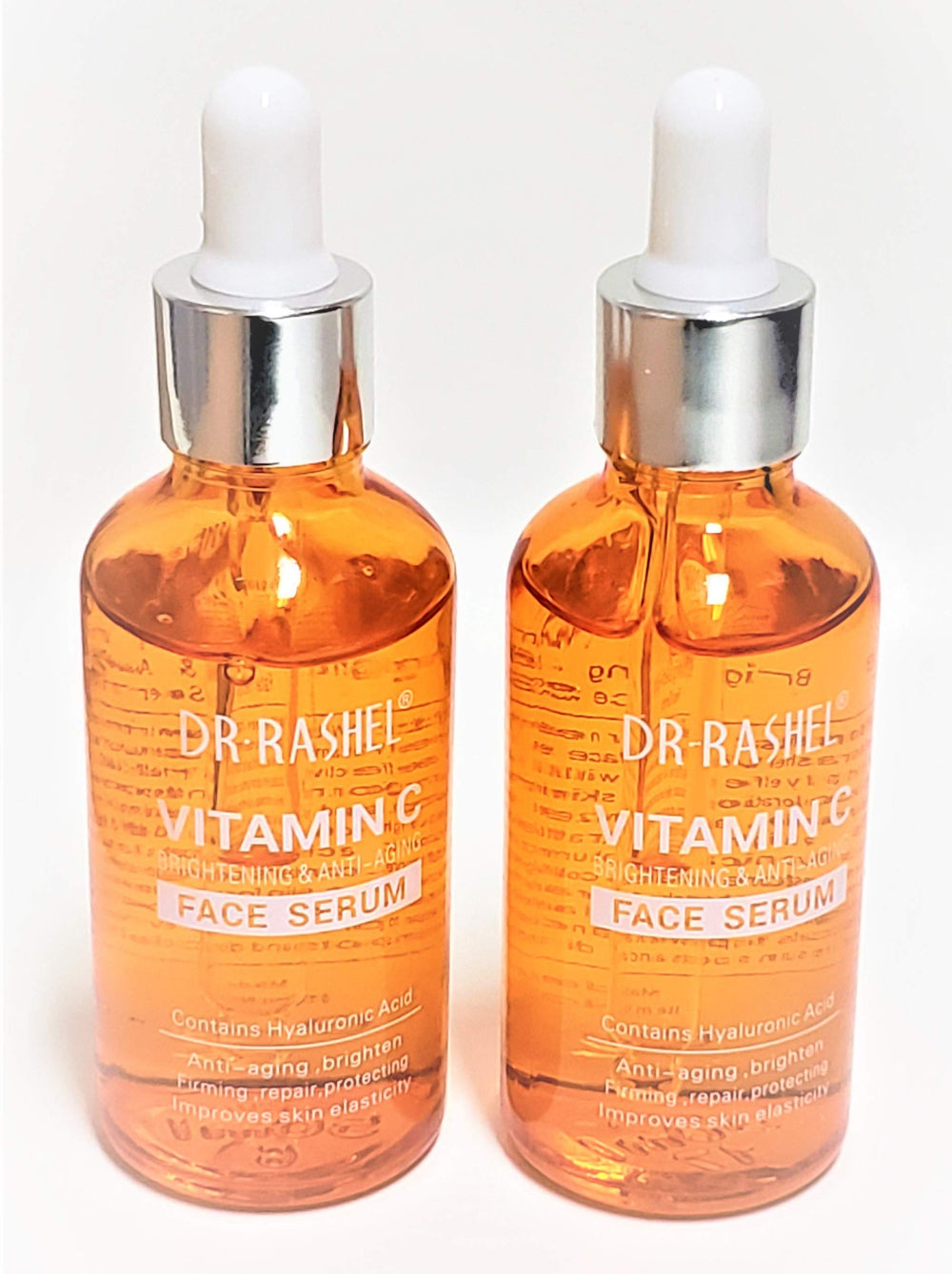 Close-up of DR.RASHEL Vitamin C serum label showing key ingredients.