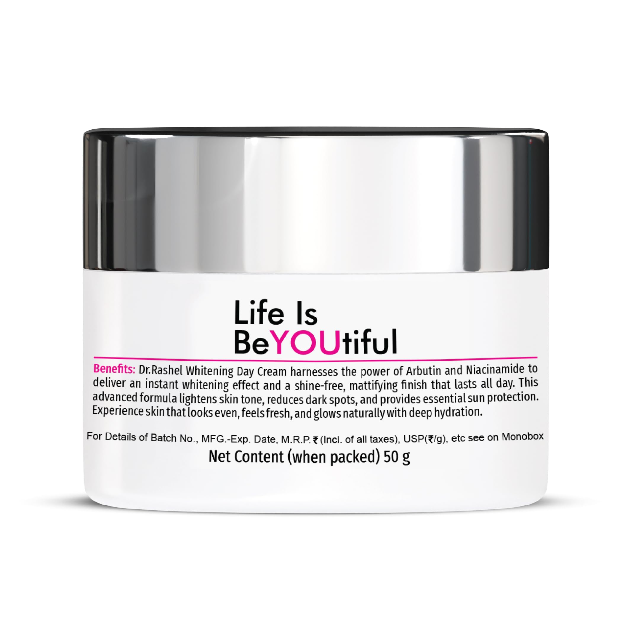 DR.RASHEL White Skin Day Cream bottle shows sun protection for outdoor use.