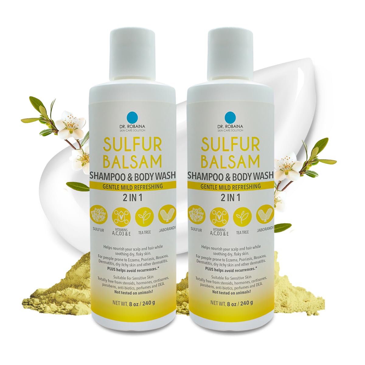 Dr. Robaina sulfur shampoo bottle close-up highlighting color-safe formula for scalp care