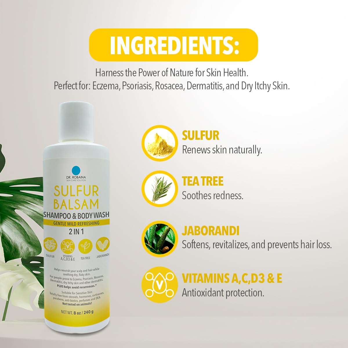 Leak-resistant bottle of Dr. Robaina sulfur shampoo suggests travel-friendly packaging