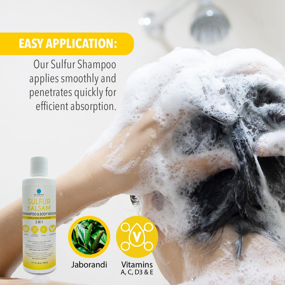 Scalp application with Dr. Robaina sulfur shampoo showing soothing use for itch relief