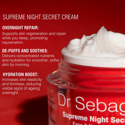 Dr Sebagh Supreme Night Secret jar and lid show rich cream texture for deep nighttime nourishment