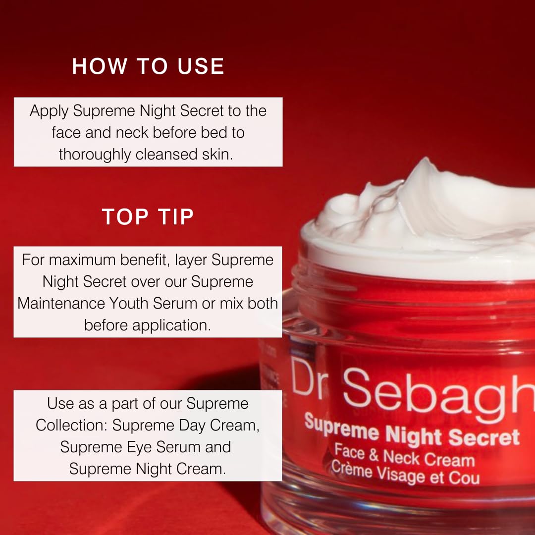 Dr Sebagh Supreme Night Secret beside the card with soft lighting conveys premium skincare ritual