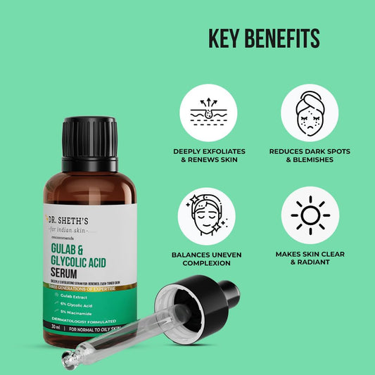 Dr. Sheth's Gulab serum dropper highlighting active glycolic and niacinamide