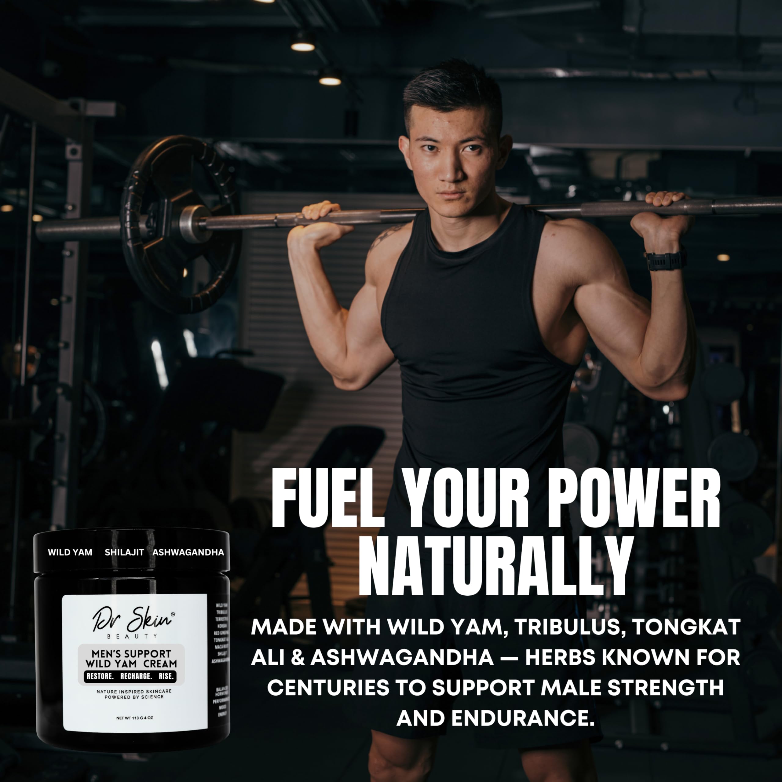 Dr Skin BEAUTY Men's Cream tub on a workout bench for active use.