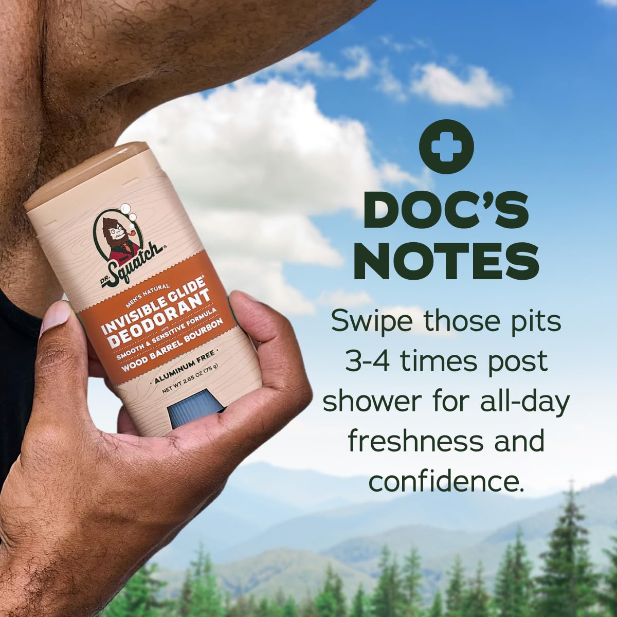 Dr. Squatch aluminum-free formula label signals dermatologist-tested, gentle on skin.