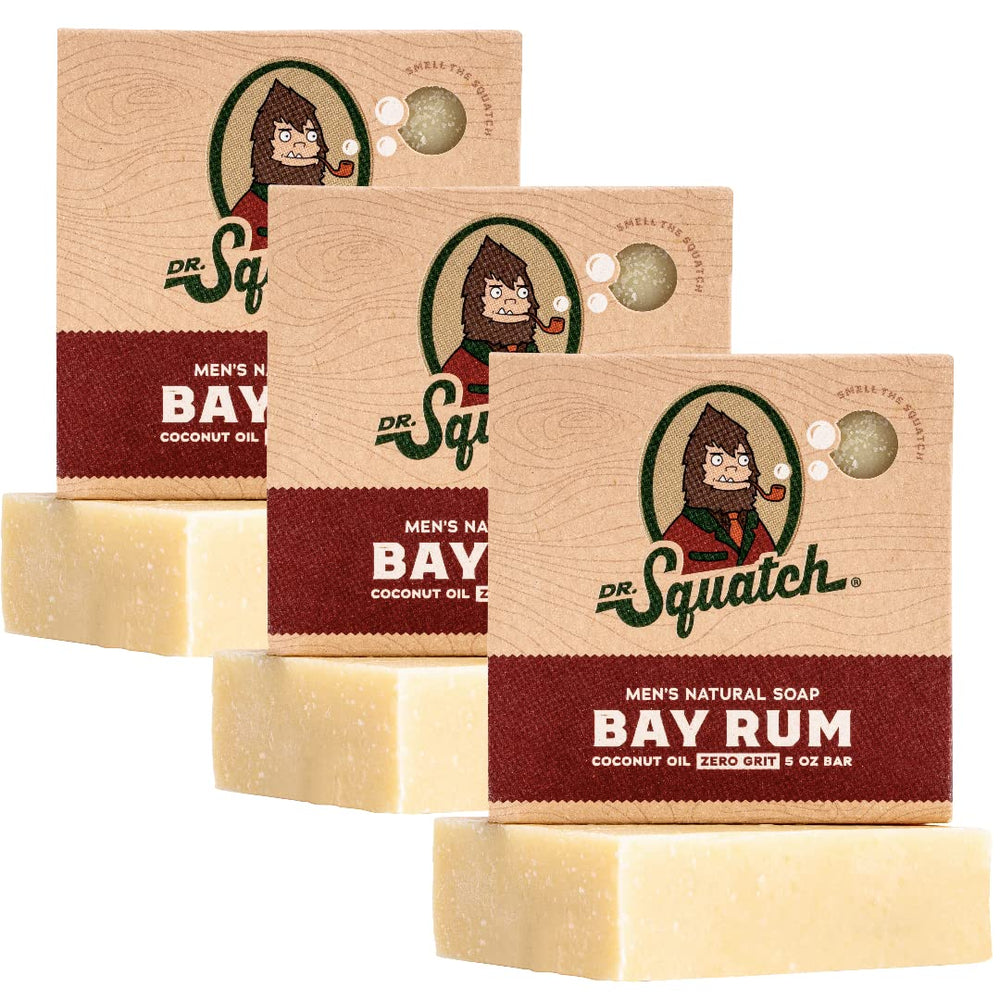 Dr. Squatch Bay Rum bar soap for an invigorating cleanse with natural oils.