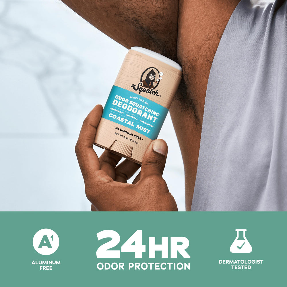 Dr. Squatch charcoal deodorant visual highlighting odor absorption for a cleaner feel.
