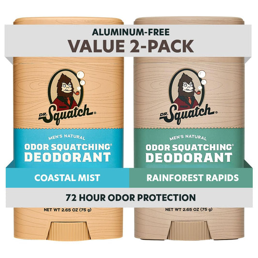 Dr. Squatch Coastal Mist deodorant bottle showing aluminum-free odor protection.