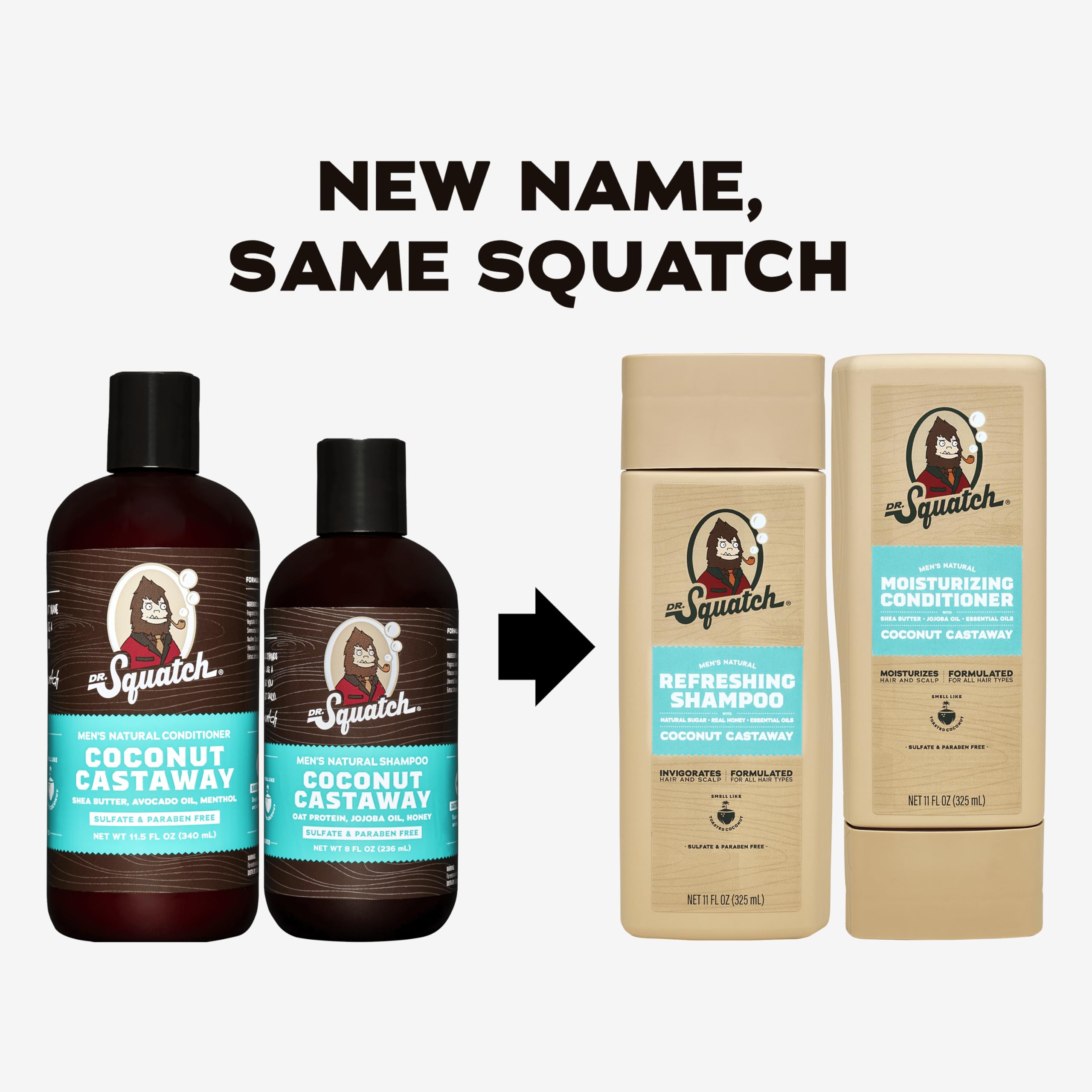 Dr. Squatch Coconut Castaway conditioner bottle highlights nourishing oils for healthy shine