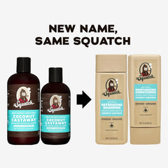 Dr. Squatch Coconut Castaway conditioner bottle highlights nourishing oils for healthy shine