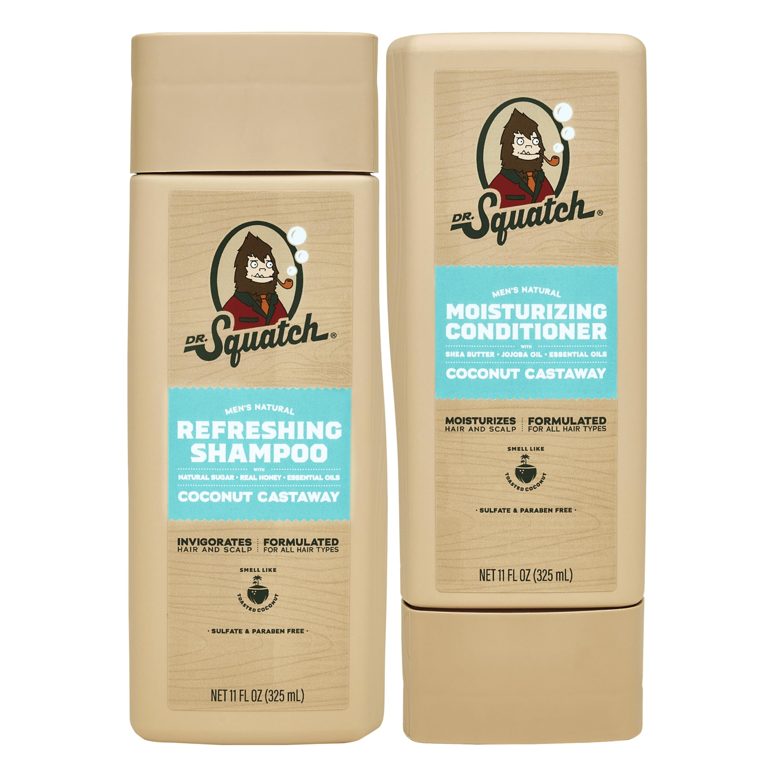Dr. Squatch Coconut Castaway shampoo bottle shows natural formula for silky, soothed hair
