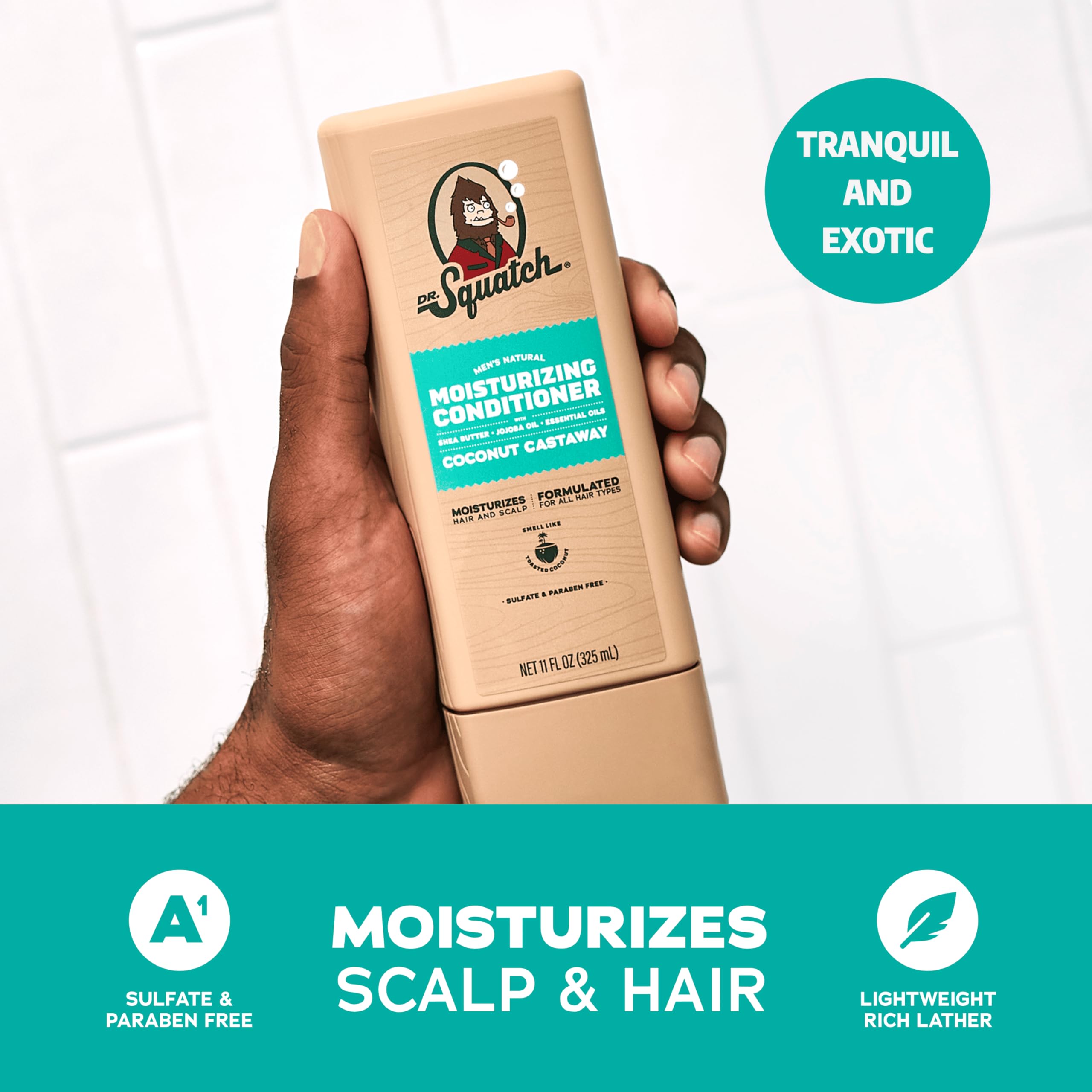 Dr. Squatch Coconut Castaway shampoo pour captures creamy lather and refreshing scent