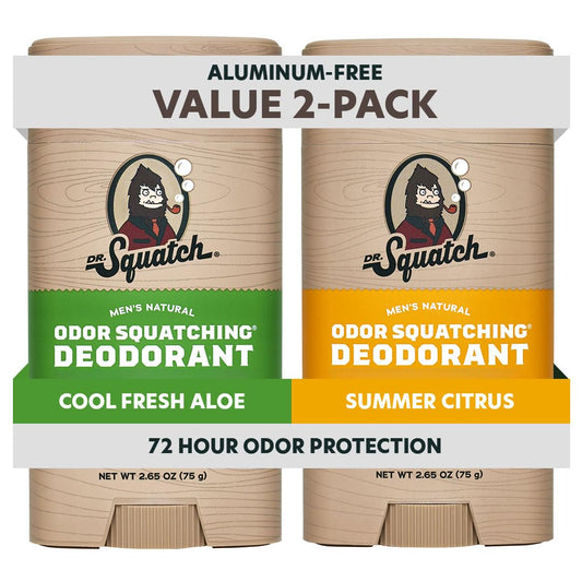 Dr. Squatch charcoal and postbiotics deodorant stick for all-day freshness.