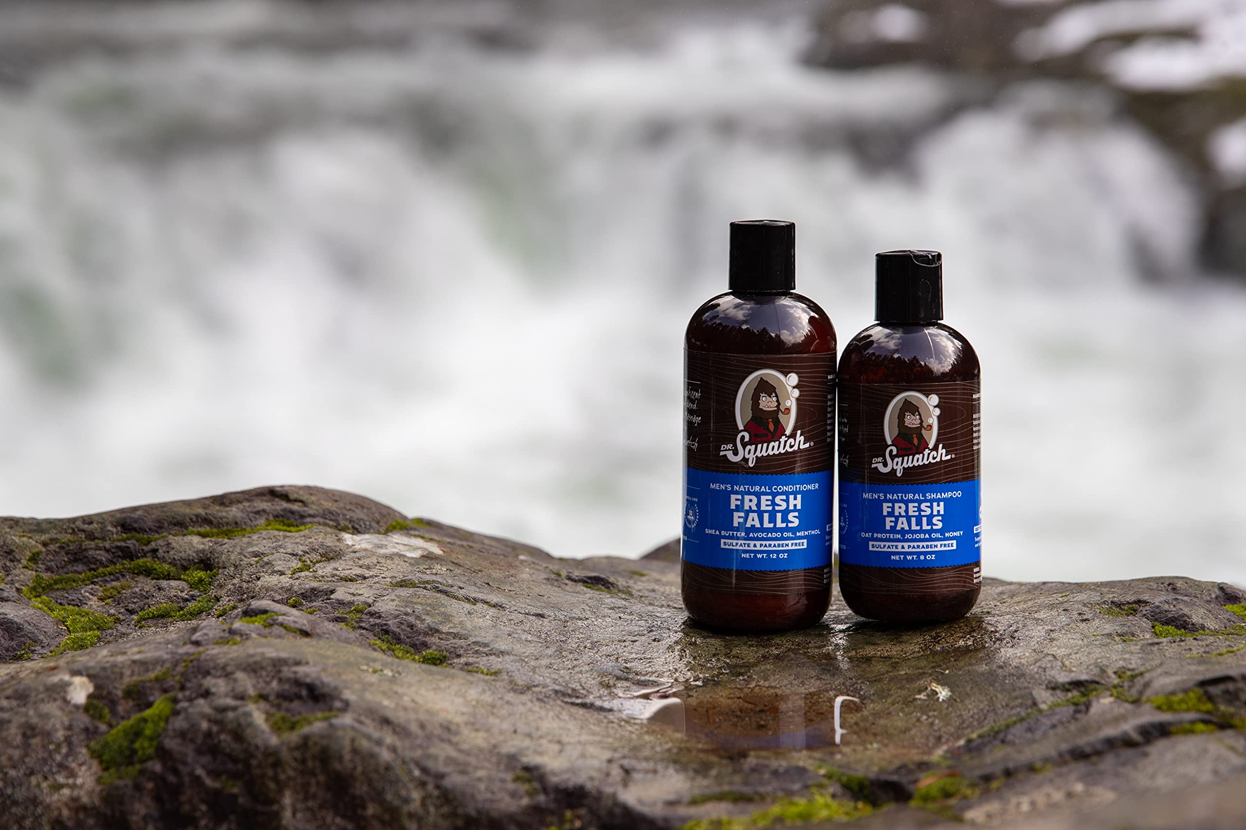 Dr. Squatch Fresh Falls ingredients panel shows burdock and tea tree.