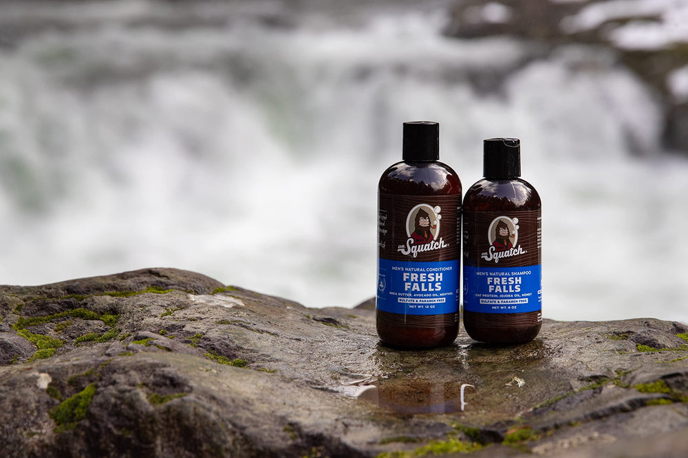 Dr. Squatch Fresh Falls ingredients panel shows burdock and tea tree.