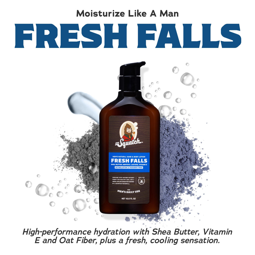 Dr. Squatch Fresh Falls hand and body lotion bottle with long-lasting hydration