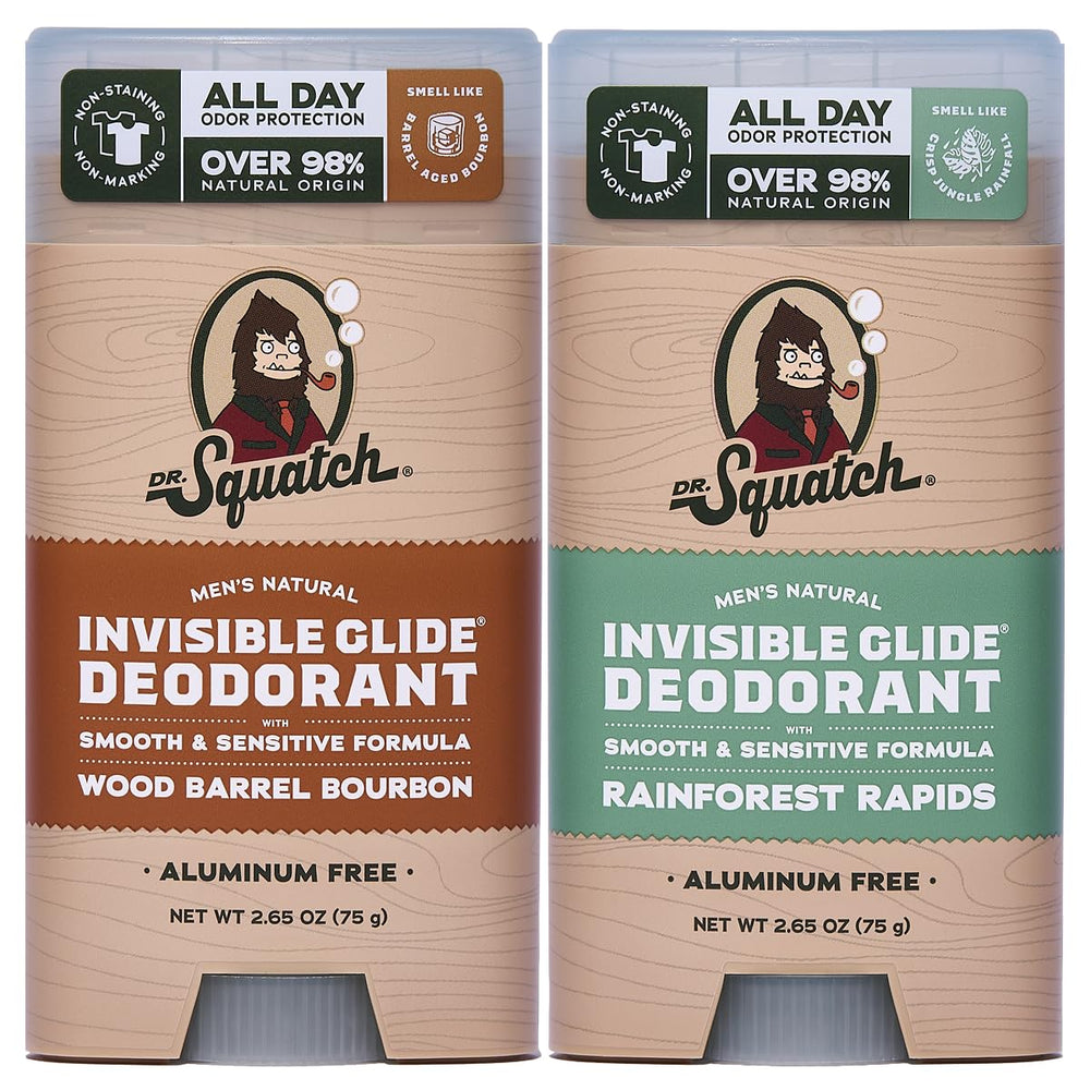 Dr. Squatch Invisible Glide Wood Barrel Bourbon close-up showing aluminum-free protection for sensitive skin.