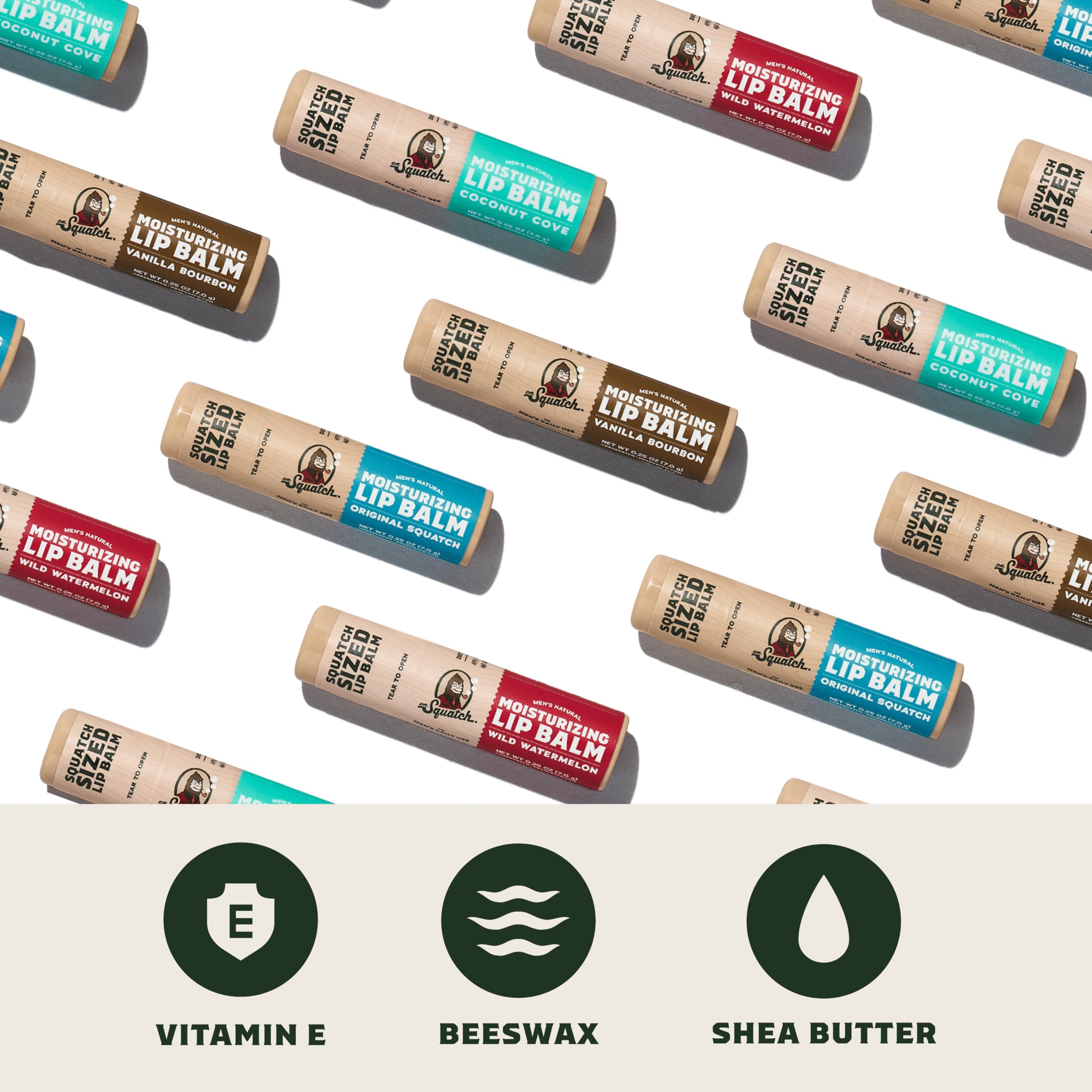 Lip balm with Vitamin E and Shea Butter by Dr. Squatch for nourishing protection.
