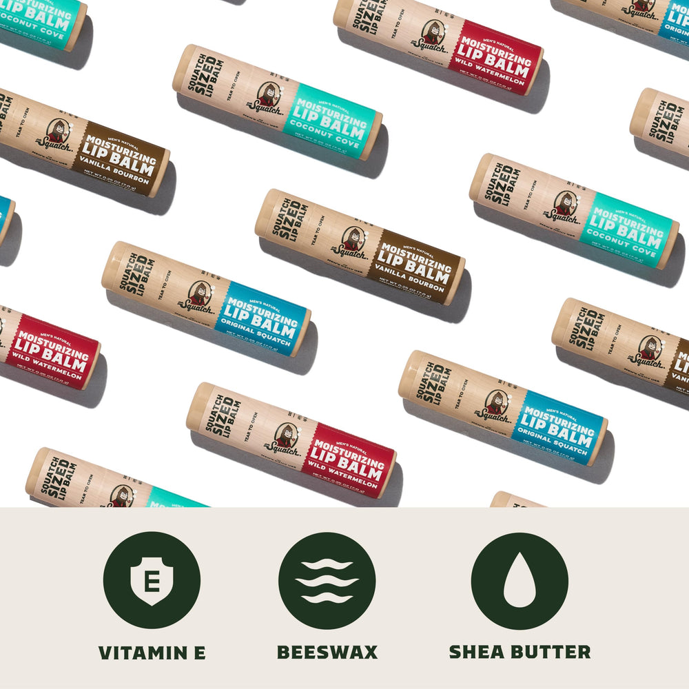 Lip balm with Vitamin E and Shea Butter by Dr. Squatch for nourishing protection.