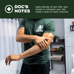 Applying Dr. Squatch lotion on forearm demonstrates fast rub-in