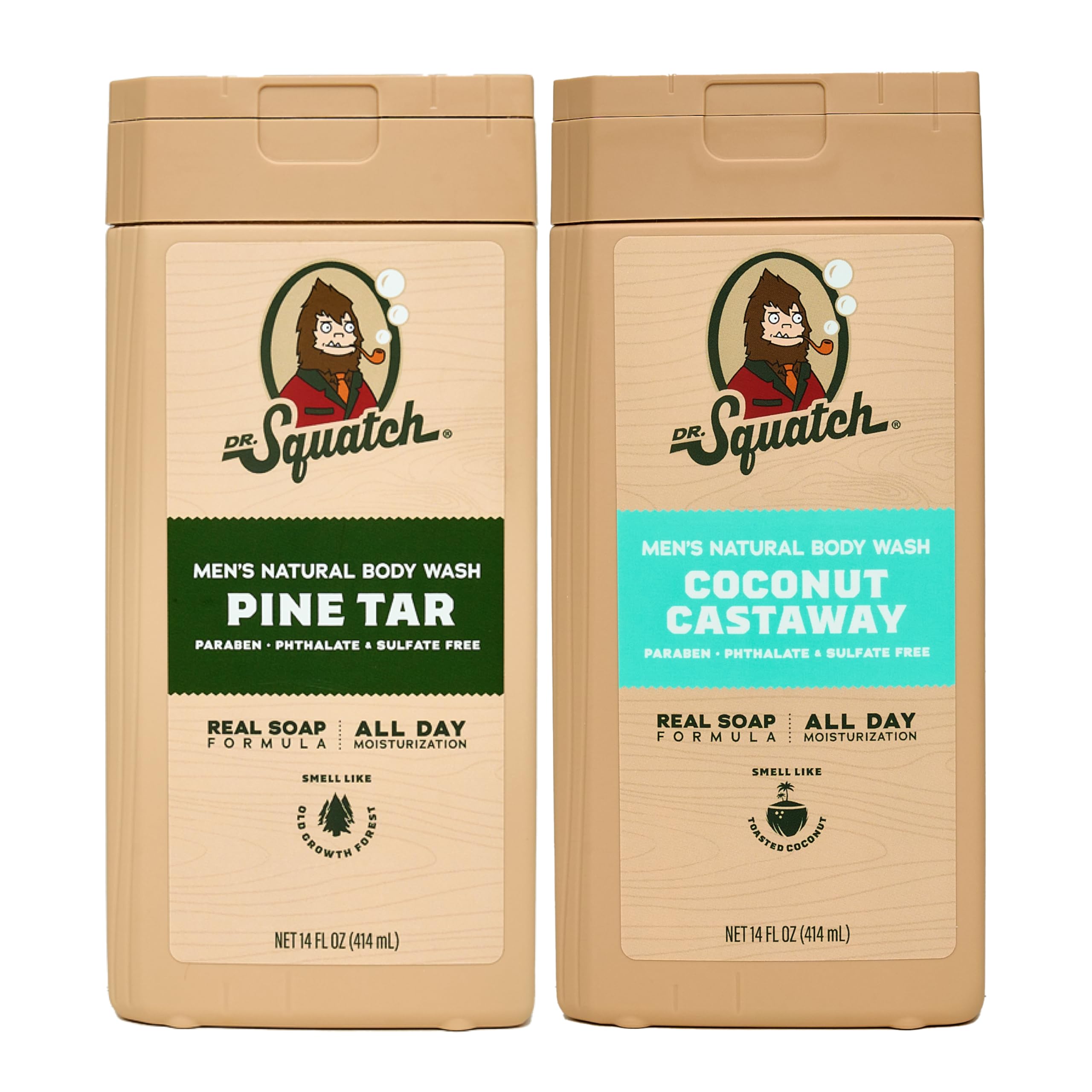 Dr. Squatch Pine Tar Coconut Castaway bottle shows lasting masculine scent for daily showers