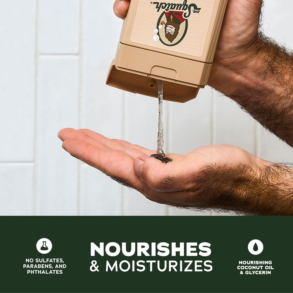 Dr. Squatch Pine Tar Coconut Castaway foam demonstrating rich lather for cleansing