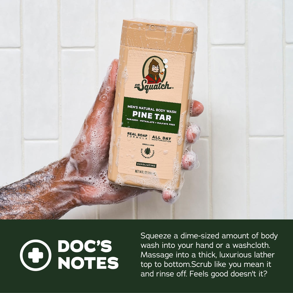 Dr. Squatch Pine Tar Coconut Castaway lathering hands for refreshing daily wash