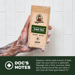 Dr. Squatch Pine Tar Coconut Castaway lathering hands for refreshing daily wash