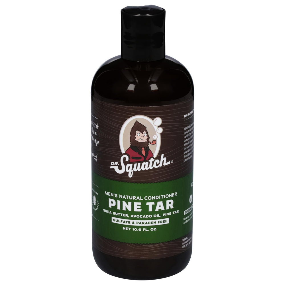 Dr. Squatch Pine Tar Conditioner bottle highlighting pine scent and everyday detangling potential