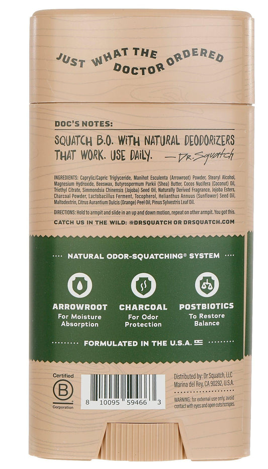 Dr. Squatch Pine Tar packaging label highlighting aluminum-free formula and rugged scent