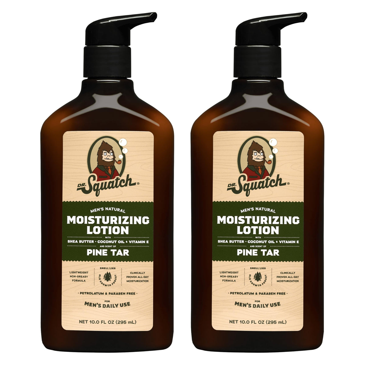 Dr. Squatch Pine Tar lotion bottle shows rugged branding for daily moisturization