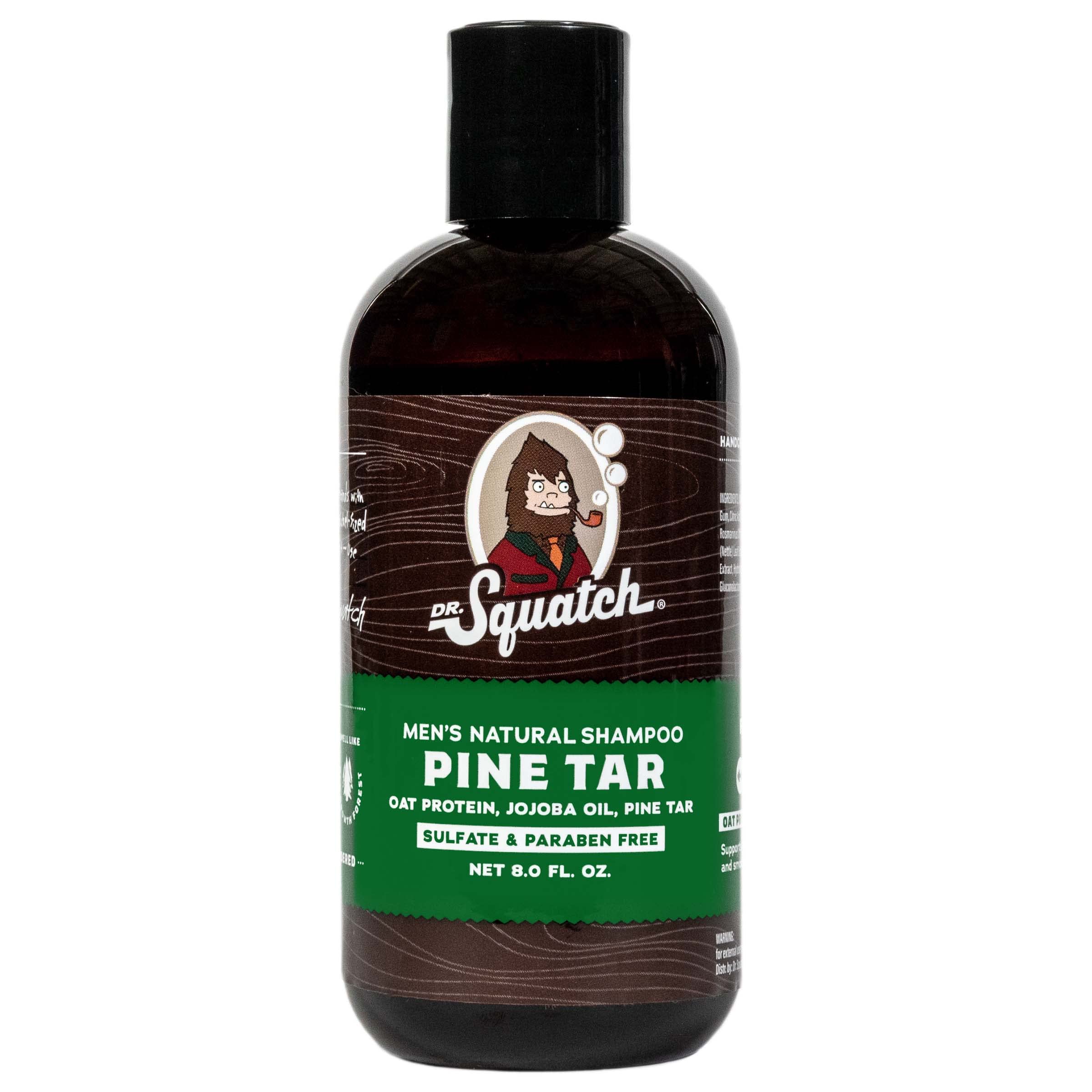 Dr. Squatch Pine Tar Shampoo bottle showcases rugged pine scent for daily grooming.