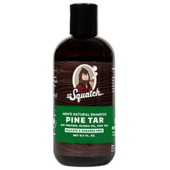 Dr. Squatch Pine Tar Shampoo bottle showcases rugged pine scent for daily grooming.
