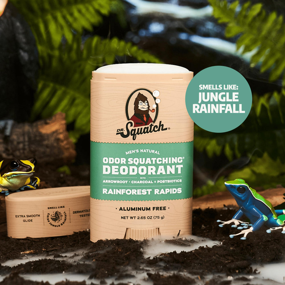 Dr. Squatch Rainforest Rapids deodorant bottle with natural fragrance and lasting freshness.