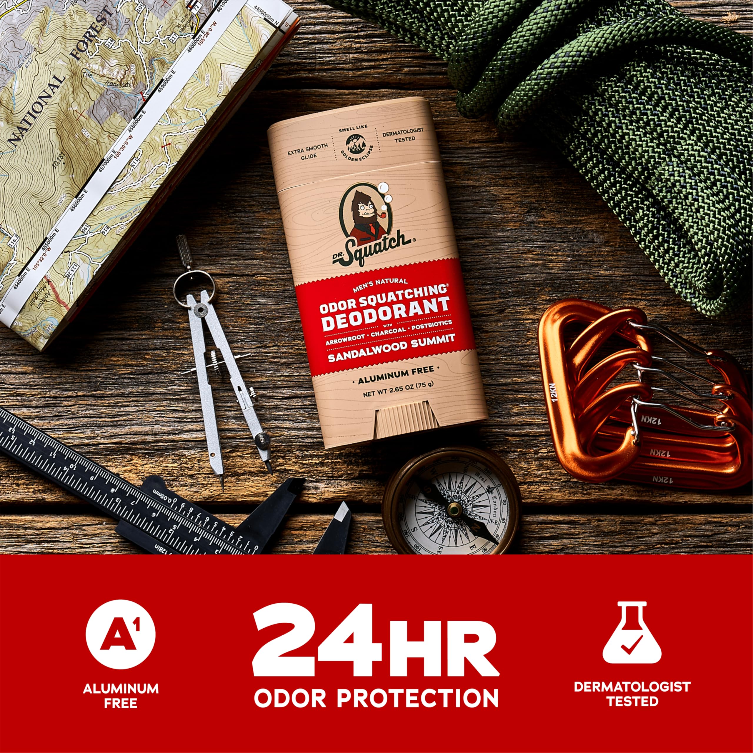Dr. Squatch Sandalwood Summit 3-pack display emphasizes odor protection and value.