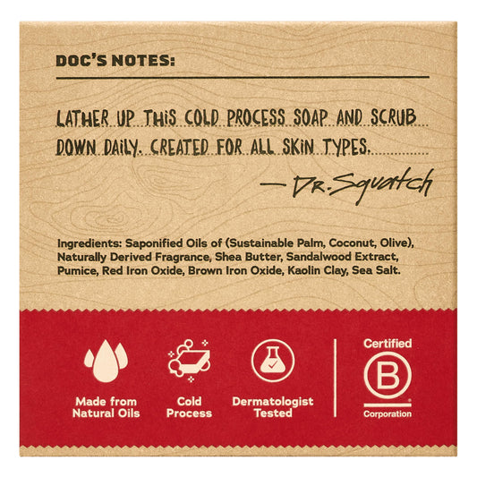 Dr. Squatch Sandalwood Summit bar close-up foam highlights rich lather and scent