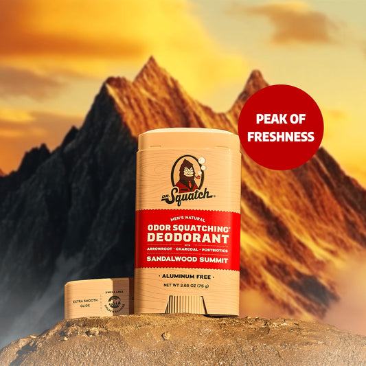 Dr. Squatch Sandalwood Summit deodorant stick packaging highlights natural ingredients.