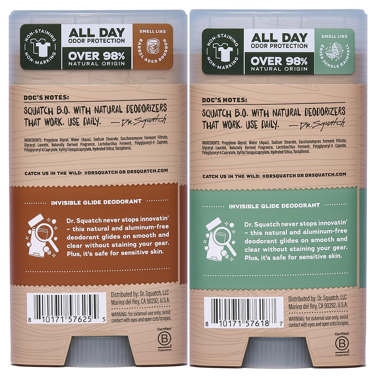 Dr. Squatch sensitive-skin friendly logo close-up suggests non-irritating protection.