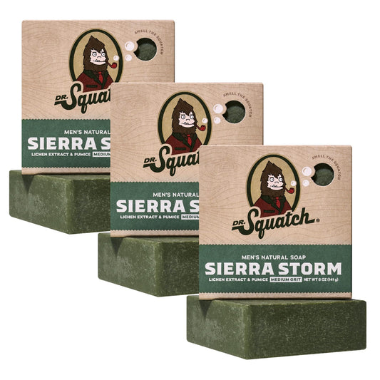 Dr. Squatch Sierra Storm bar soap close-up highlighting natural oils for rich lather.