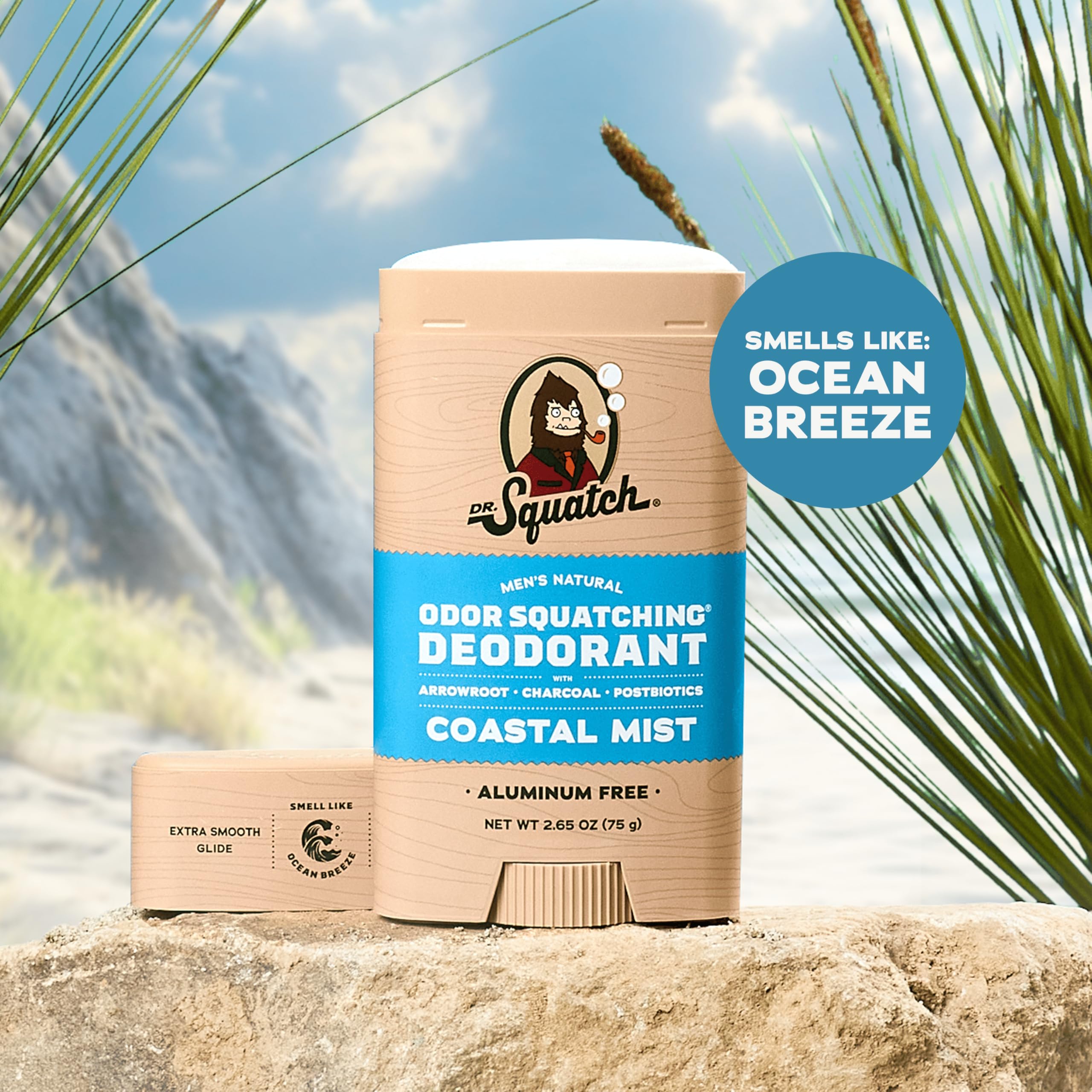 Dr. Squatch Sierra Storm deodorant stick close-up highlighting charcoal and postbiotics.
