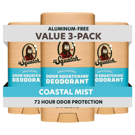 Dr. Squatch Sierra Storm 2-pack display showing aluminum-free natural deodorant in Coastal Mist.