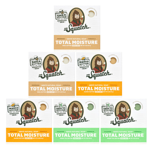 Dr. Squatch Total Moisture Bar Soap unscented pack shot showing the six-bar set for sensitive skin