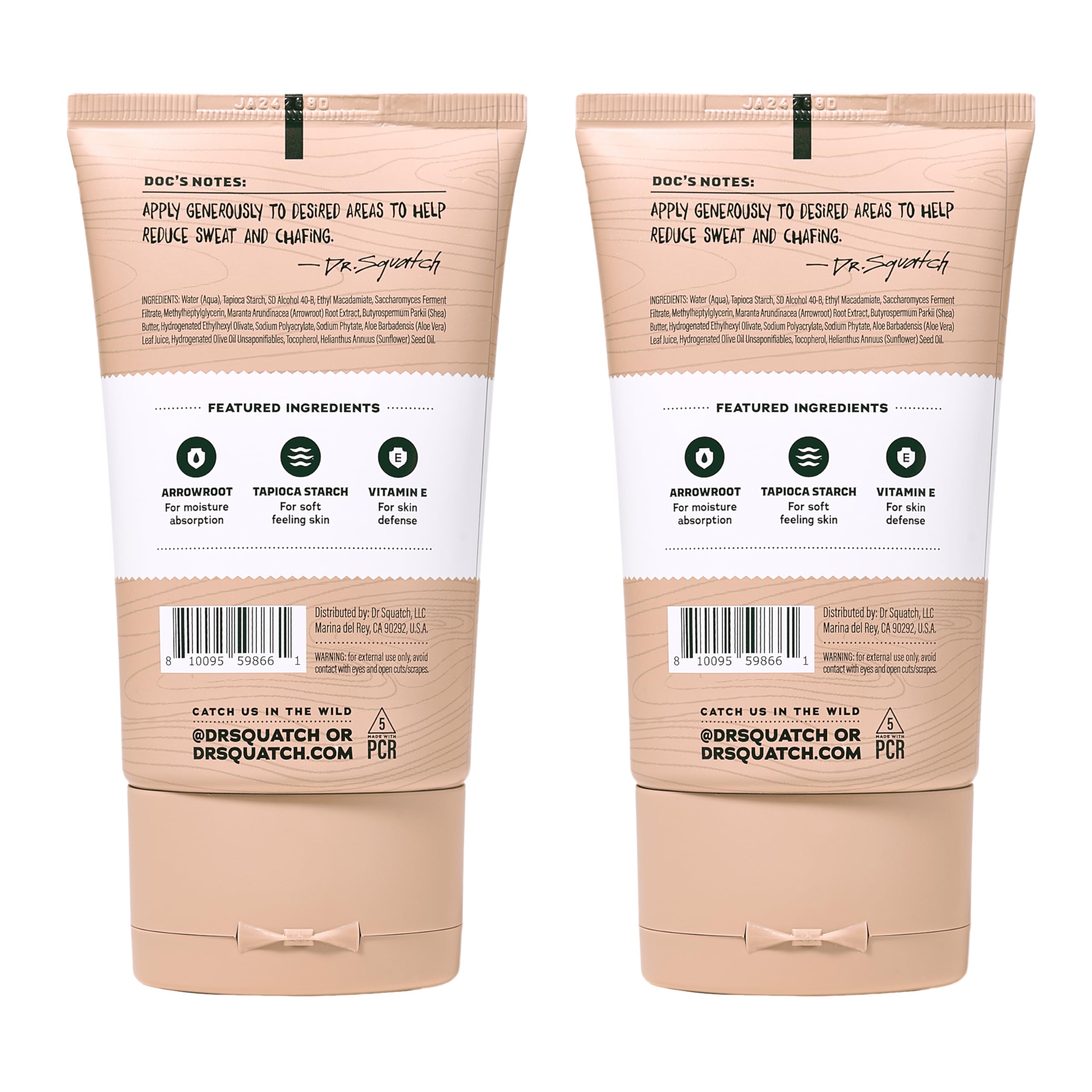 Dr. Squatch Whole Body Deodorant arrowroot tapioca natural ingredients promote gentle moisture management.