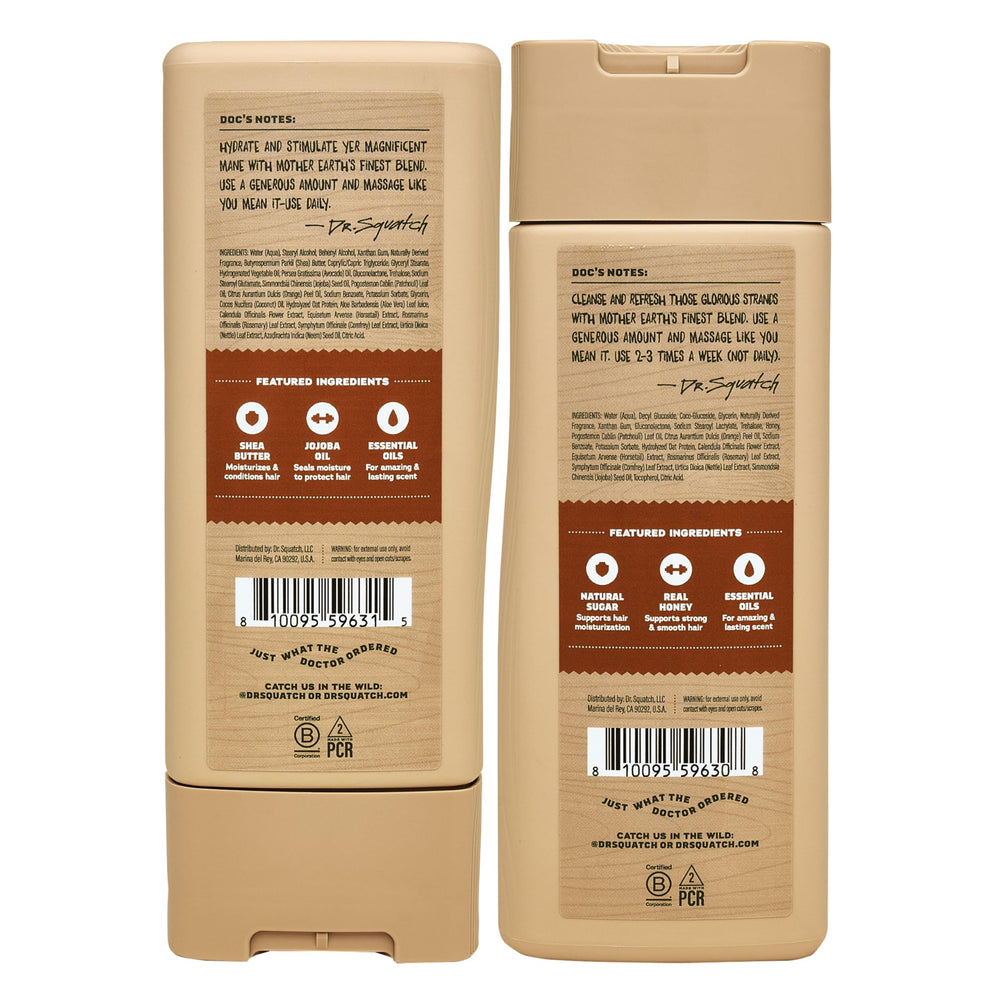 Dr. Squatch Wood Barrel Bourbon conditioner bottle highlighting moisturizing formula for smoother strands.