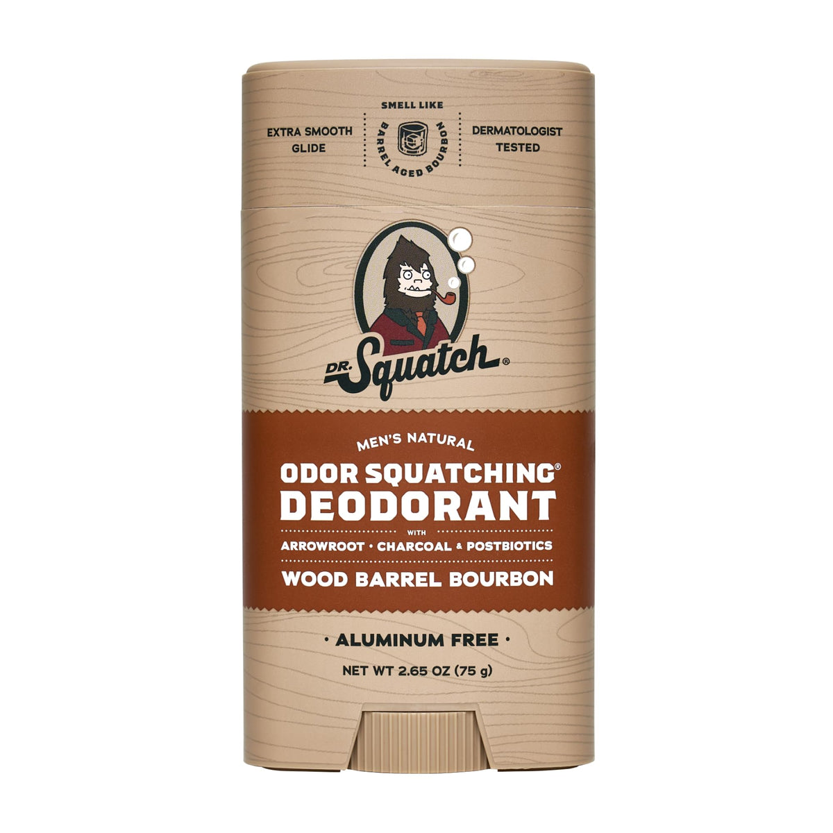 Dr. Squatch Wood Barrel Bourbon deodorant stick showing packaging and texture for all-day refreshing.