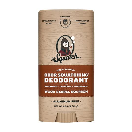Dr. Squatch Wood Barrel Bourbon deodorant stick showing packaging and texture for all-day refreshing.